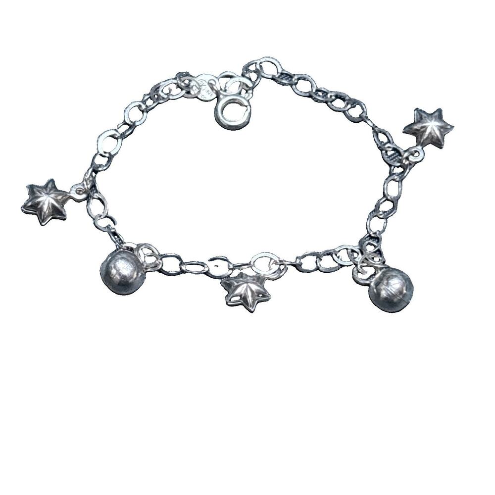 Delicate Sterling Silver Dangle Star Charm bracelet 925 Mexico Sterling 7” Long